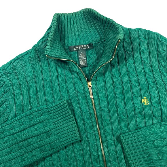 Lauren Ralph Lauren Sweaters - Lauren Ralph Lauren Full Zip Cable Knit Cardigan Womens L Green Mock Neck Preppy